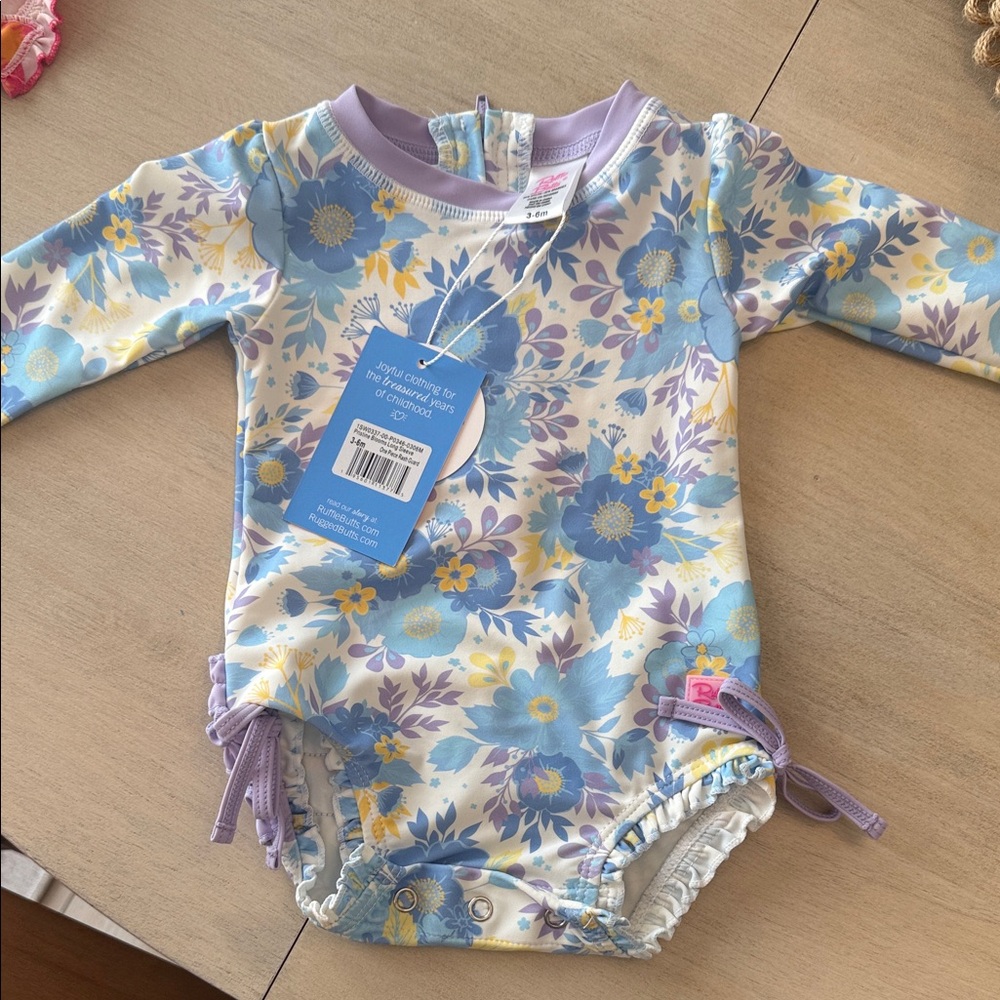 Ruffle Butts Floral Long Sleeve Swimsuit - Blue and Purple